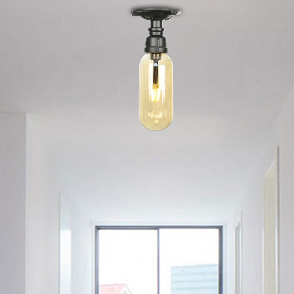 1 Light Capsuled Shade Semi Flush Light Industrial Black Amber Glass Ceiling Mount with Pipe Design Clearhalo 'Ceiling Lights' 'Close To Ceiling Lights' 'Close to ceiling' 'Semi-flushmount' Lighting' 199649