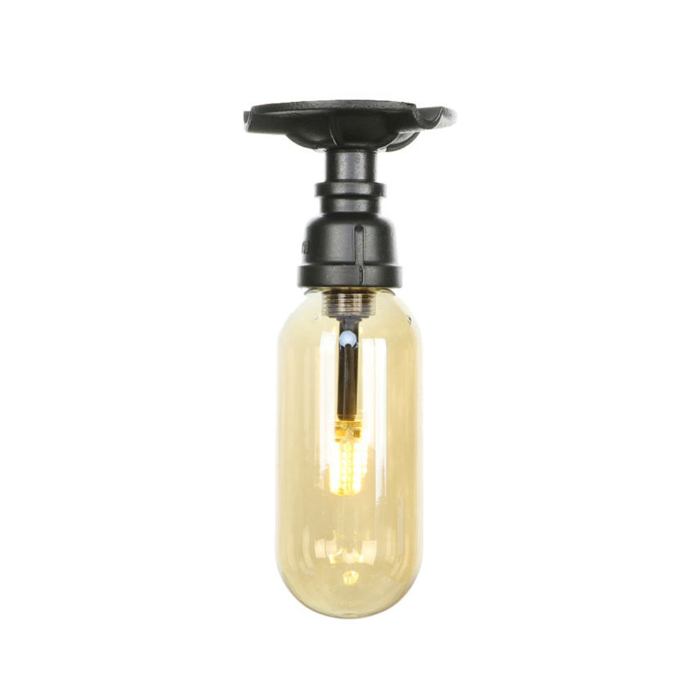 1 Light Capsuled Shade Semi Flush Light Industrial Black Amber Glass Ceiling Mount with Pipe Design Clearhalo 'Ceiling Lights' 'Close To Ceiling Lights' 'Close to ceiling' 'Semi-flushmount' Lighting' 199651