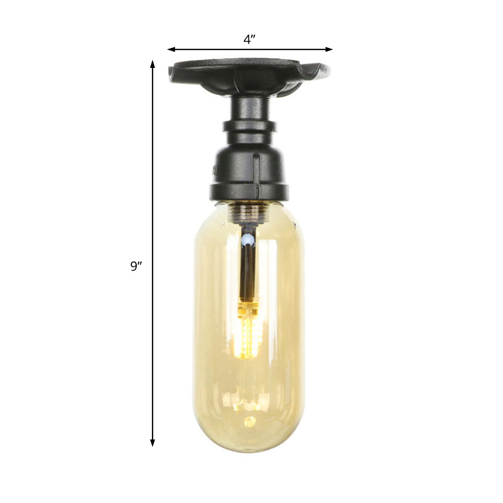 1 Light Capsuled Shade Semi Flush Light Industrial Black Amber Glass Ceiling Mount with Pipe Design Clearhalo 'Ceiling Lights' 'Close To Ceiling Lights' 'Close to ceiling' 'Semi-flushmount' Lighting' 199652