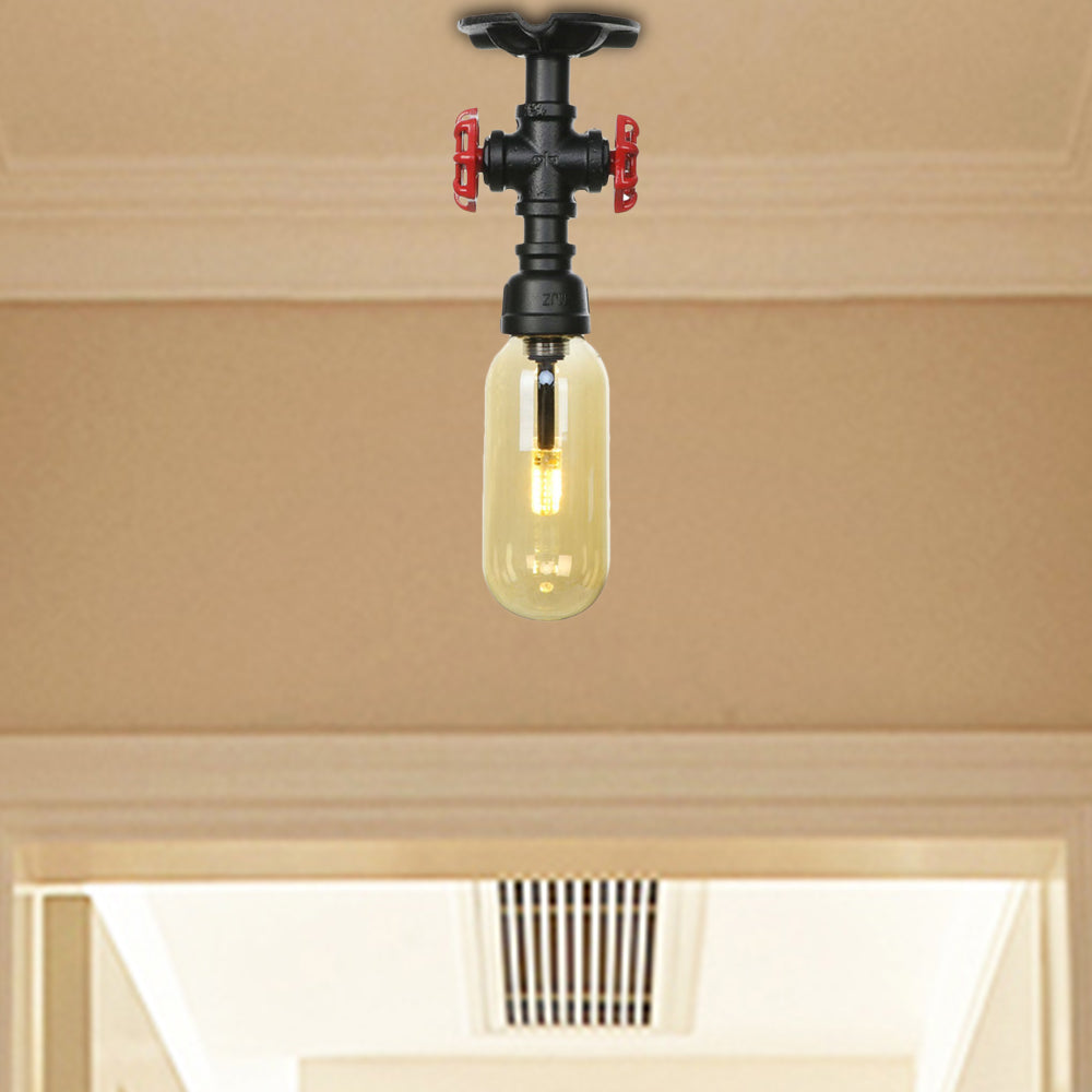 1 Light Capsuled Shade Semi Flush Light Industrial Black Amber Glass Ceiling Mount with Pipe Design Black B Clearhalo 'Ceiling Lights' 'Close To Ceiling Lights' 'Close to ceiling' 'Semi-flushmount' Lighting' 199653