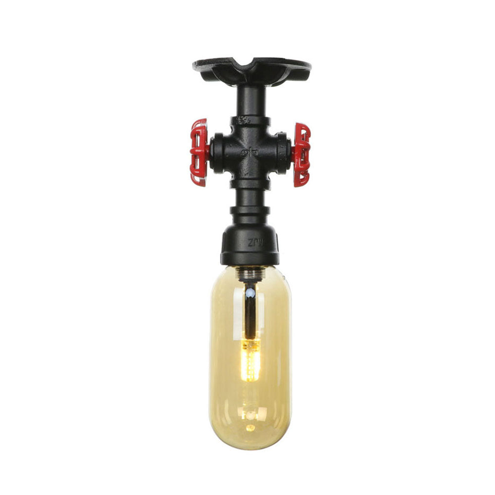 1 Light Capsuled Shade Semi Flush Light Industrial Black Amber Glass Ceiling Mount with Pipe Design Clearhalo 'Ceiling Lights' 'Close To Ceiling Lights' 'Close to ceiling' 'Semi-flushmount' Lighting' 199655