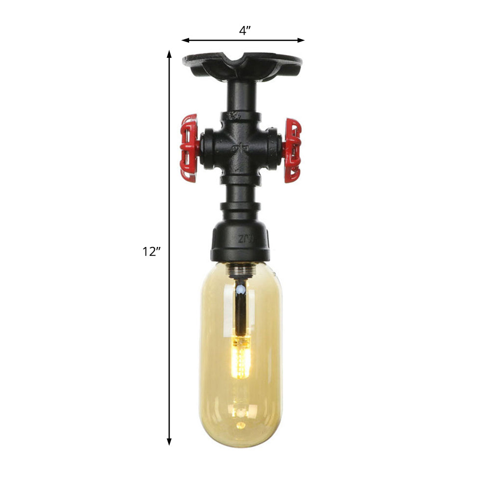 1 Light Capsuled Shade Semi Flush Light Industrial Black Amber Glass Ceiling Mount with Pipe Design Clearhalo 'Ceiling Lights' 'Close To Ceiling Lights' 'Close to ceiling' 'Semi-flushmount' Lighting' 199656