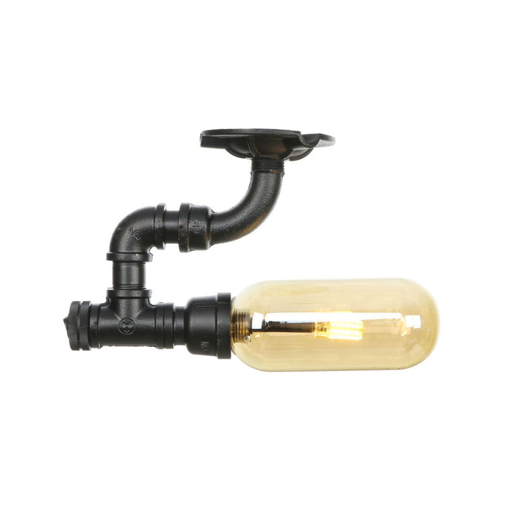 1 Light Capsuled Shade Semi Flush Light Industrial Black Amber Glass Ceiling Mount with Pipe Design Clearhalo 'Ceiling Lights' 'Close To Ceiling Lights' 'Close to ceiling' 'Semi-flushmount' Lighting' 199659