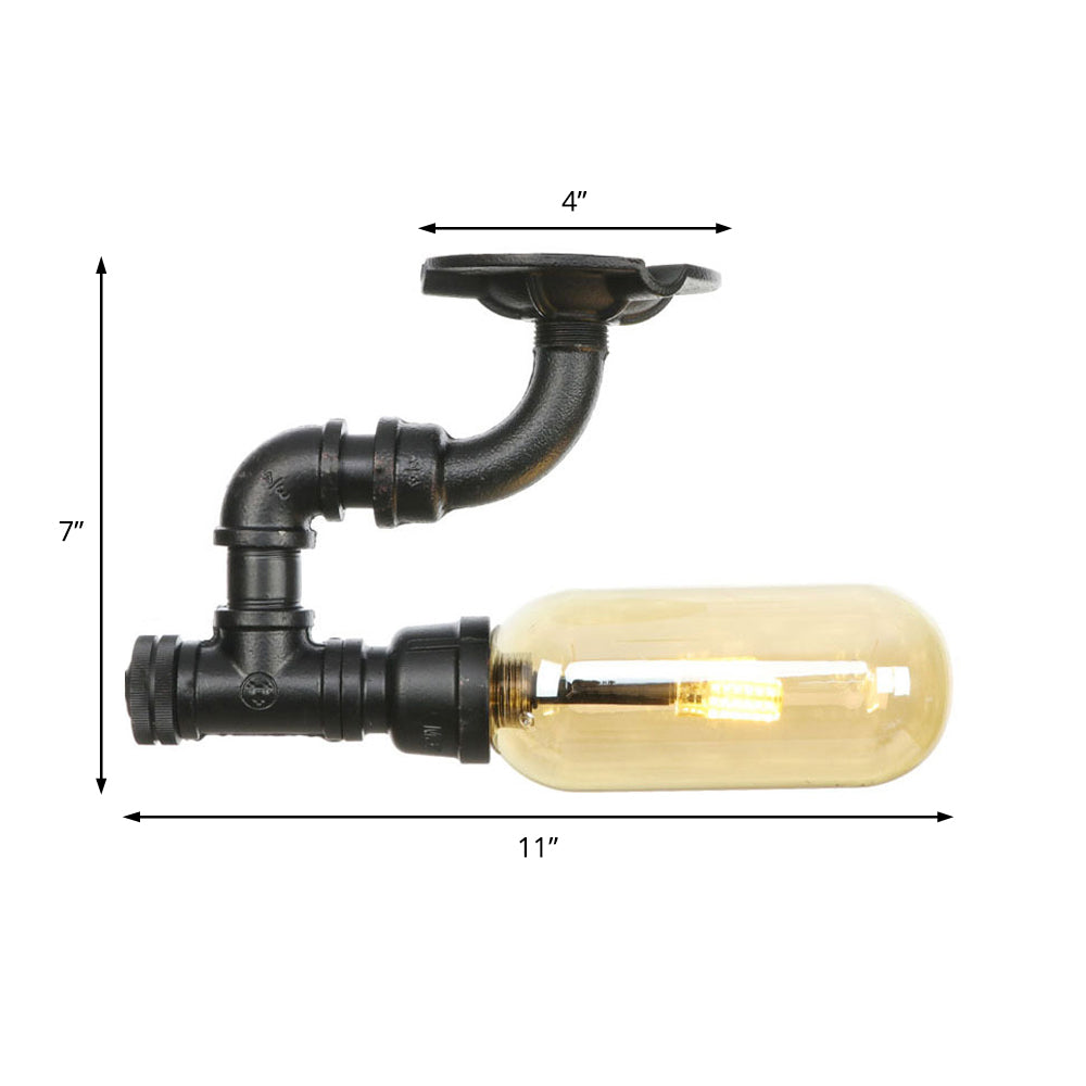 1 Light Capsuled Shade Semi Flush Light Industrial Black Amber Glass Ceiling Mount with Pipe Design Clearhalo 'Ceiling Lights' 'Close To Ceiling Lights' 'Close to ceiling' 'Semi-flushmount' Lighting' 199660