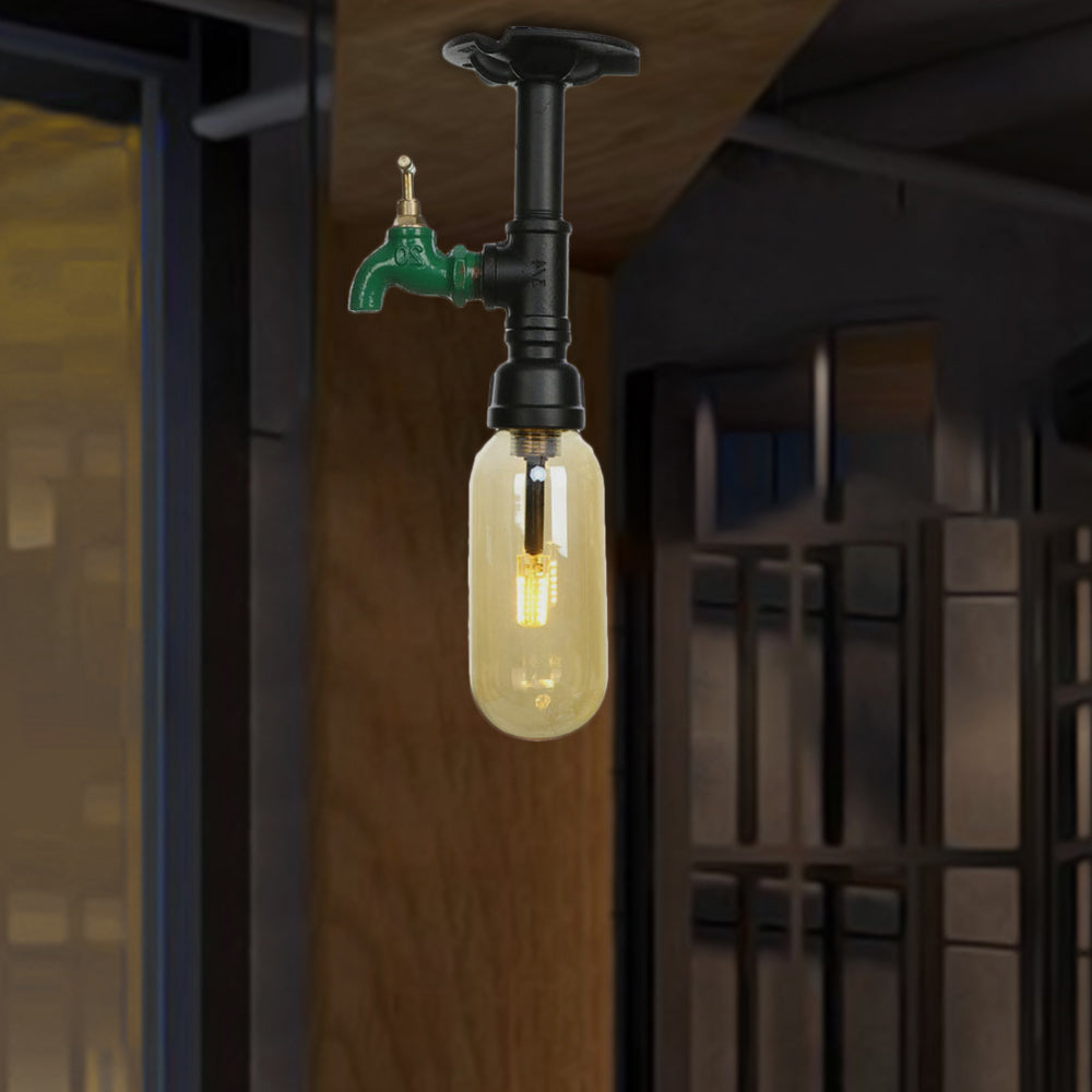 1 Light Capsuled Shade Semi Flush Light Industrial Black Amber Glass Ceiling Mount with Pipe Design Black D Clearhalo 'Ceiling Lights' 'Close To Ceiling Lights' 'Close to ceiling' 'Semi-flushmount' Lighting' 199661