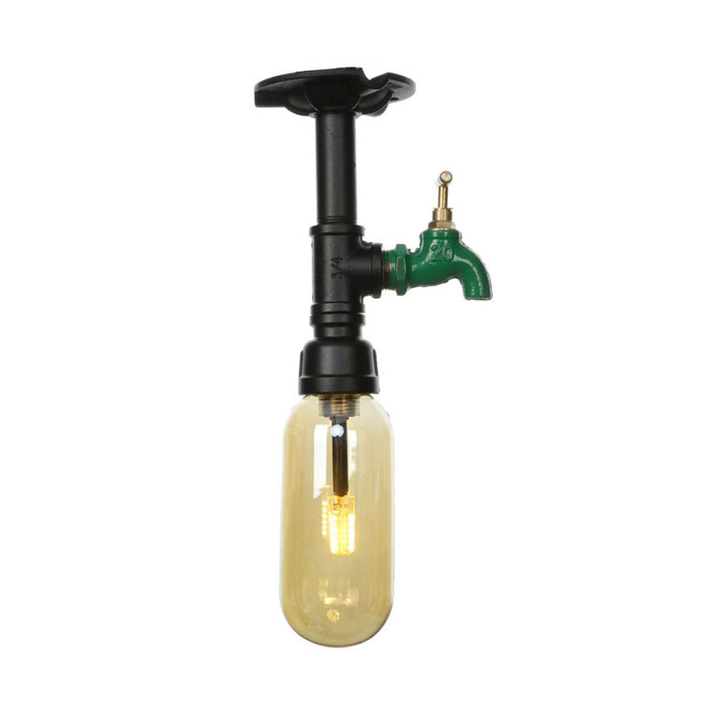 1 Light Capsuled Shade Semi Flush Light Industrial Black Amber Glass Ceiling Mount with Pipe Design Clearhalo 'Ceiling Lights' 'Close To Ceiling Lights' 'Close to ceiling' 'Semi-flushmount' Lighting' 199663