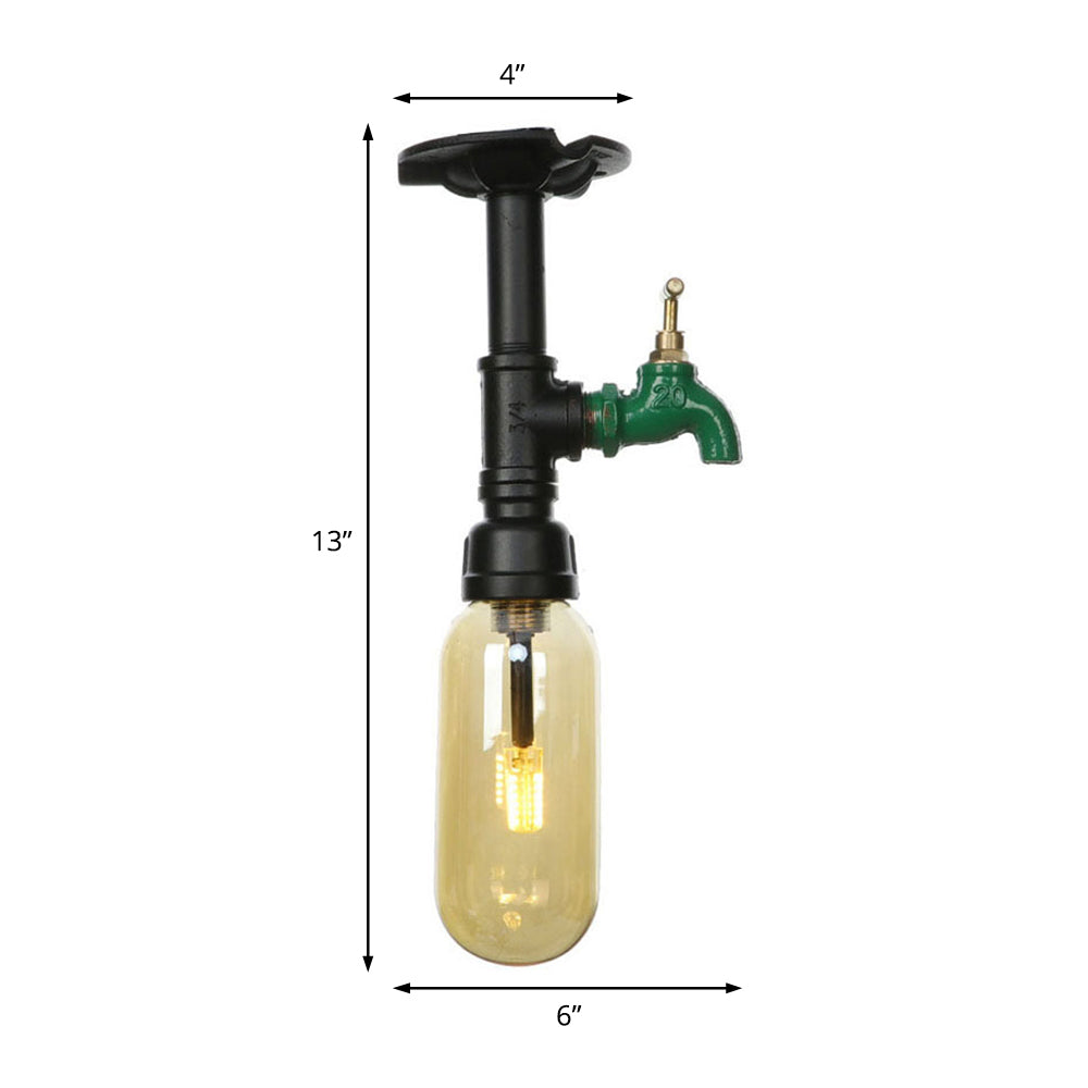 1 Light Capsuled Shade Semi Flush Light Industrial Black Amber Glass Ceiling Mount with Pipe Design Clearhalo 'Ceiling Lights' 'Close To Ceiling Lights' 'Close to ceiling' 'Semi-flushmount' Lighting' 199664