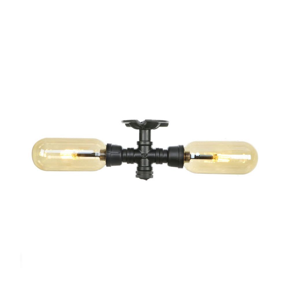 Oval Shade Amber Glass Semi Mount Lighting Rustic Style 2 Bulbs Dining Room Ceiling Light in Matte Black with Pipe Design Clearhalo 'Ceiling Lights' 'Close To Ceiling Lights' 'Close to ceiling' 'Semi-flushmount' Lighting' 199677