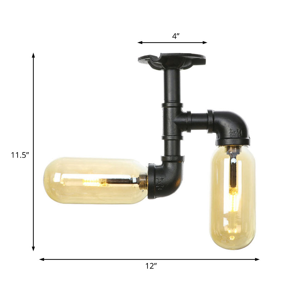 Oval Shade Amber Glass Semi Mount Lighting Rustic Style 2 Bulbs Dining Room Ceiling Light in Matte Black with Pipe Design Clearhalo 'Ceiling Lights' 'Close To Ceiling Lights' 'Close to ceiling' 'Semi-flushmount' Lighting' 199682