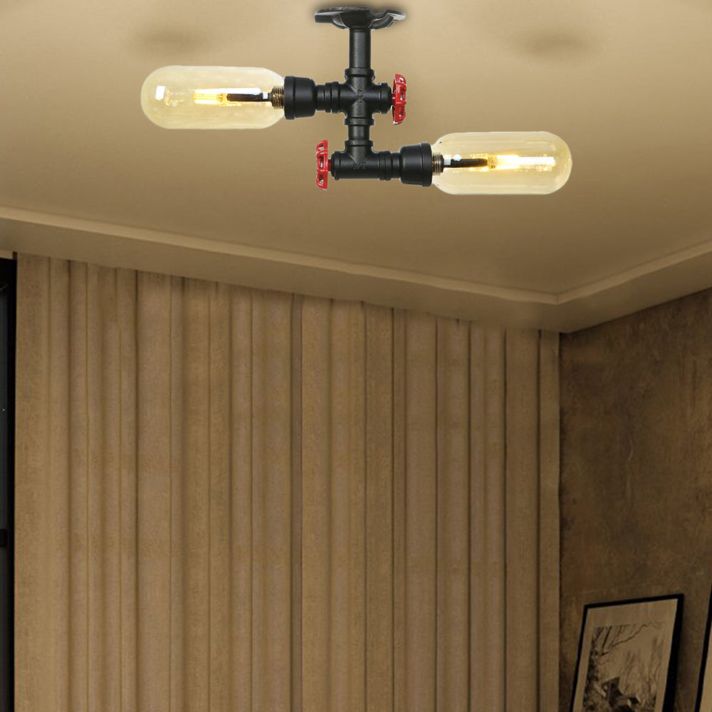 Oval Shade Amber Glass Semi Mount Lighting Rustic Style 2 Bulbs Dining Room Ceiling Light in Matte Black with Pipe Design Black B Clearhalo 'Ceiling Lights' 'Close To Ceiling Lights' 'Close to ceiling' 'Semi-flushmount' Lighting' 199683