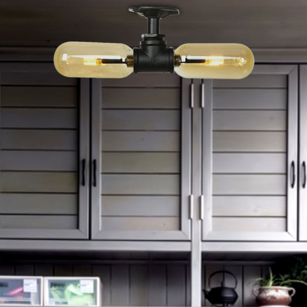 Oval Shade Amber Glass Semi Mount Lighting Rustic Style 2 Bulbs Dining Room Ceiling Light in Matte Black with Pipe Design Clearhalo 'Ceiling Lights' 'Close To Ceiling Lights' 'Close to ceiling' 'Semi-flushmount' Lighting' 199687