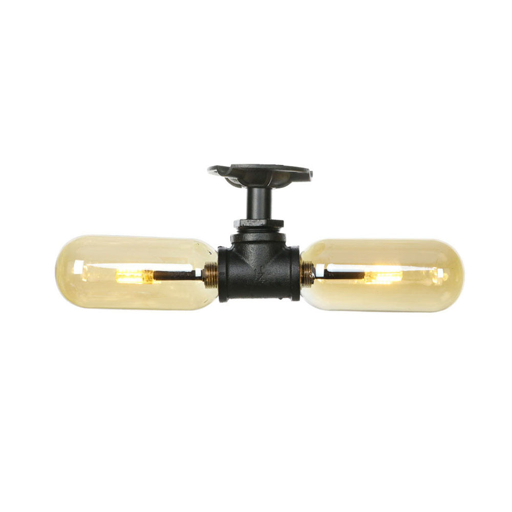 Oval Shade Amber Glass Semi Mount Lighting Rustic Style 2 Bulbs Dining Room Ceiling Light in Matte Black with Pipe Design Clearhalo 'Ceiling Lights' 'Close To Ceiling Lights' 'Close to ceiling' 'Semi-flushmount' Lighting' 199689