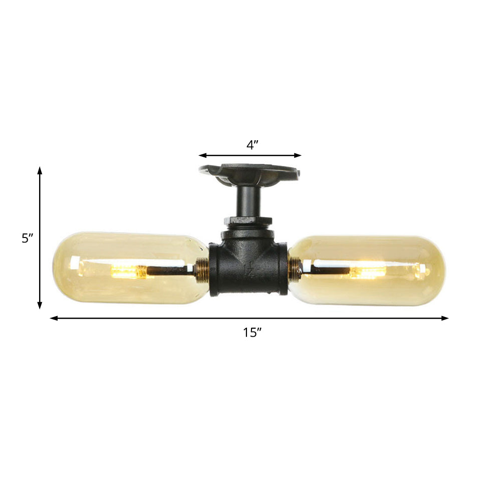 Oval Shade Amber Glass Semi Mount Lighting Rustic Style 2 Bulbs Dining Room Ceiling Light in Matte Black with Pipe Design Clearhalo 'Ceiling Lights' 'Close To Ceiling Lights' 'Close to ceiling' 'Semi-flushmount' Lighting' 199690