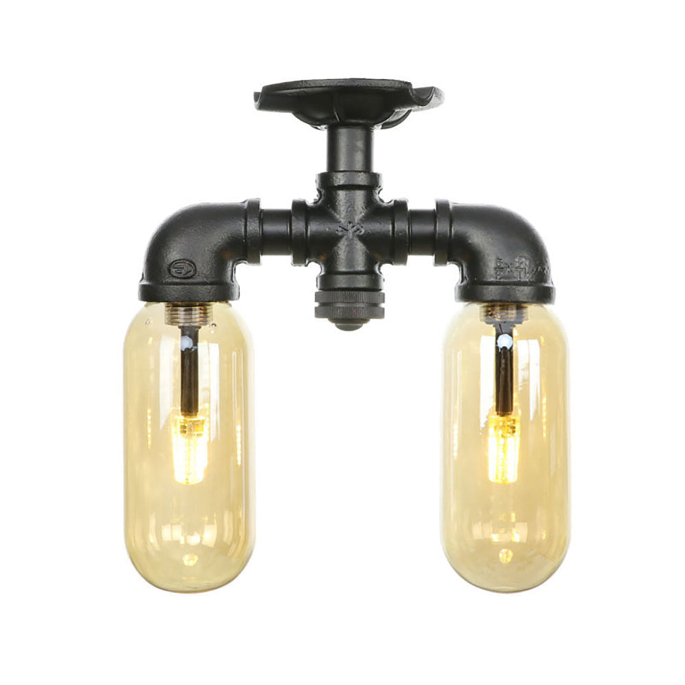 2-Bulb Ceiling Lighting Industrial Capsule Amber Glass Semi Flush Mount Light in Matte Black with Pipe Design Clearhalo 'Ceiling Lights' 'Close To Ceiling Lights' 'Close to ceiling' 'Semi-flushmount' Lighting' 199707