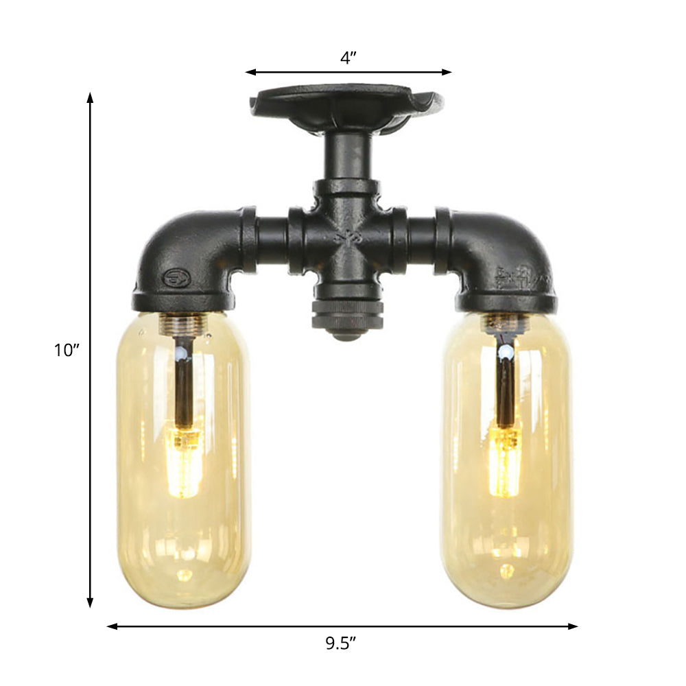 2-Bulb Ceiling Lighting Industrial Capsule Amber Glass Semi Flush Mount Light in Matte Black with Pipe Design Clearhalo 'Ceiling Lights' 'Close To Ceiling Lights' 'Close to ceiling' 'Semi-flushmount' Lighting' 199708