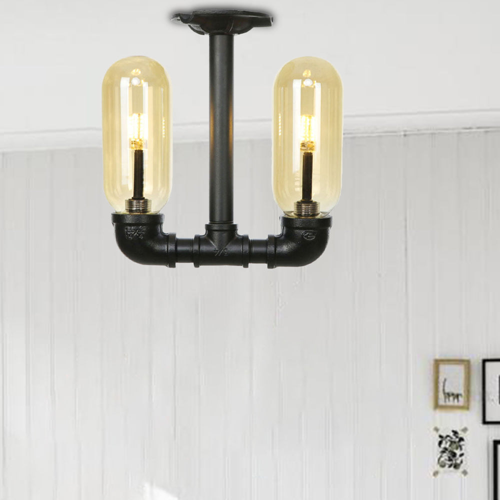 2-Bulb Ceiling Lighting Industrial Capsule Amber Glass Semi Flush Mount Light in Matte Black with Pipe Design Black B Clearhalo 'Ceiling Lights' 'Close To Ceiling Lights' 'Close to ceiling' 'Semi-flushmount' Lighting' 199709