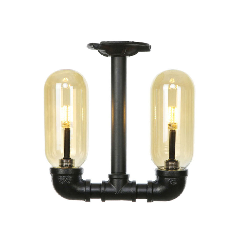 2-Bulb Ceiling Lighting Industrial Capsule Amber Glass Semi Flush Mount Light in Matte Black with Pipe Design Clearhalo 'Ceiling Lights' 'Close To Ceiling Lights' 'Close to ceiling' 'Semi-flushmount' Lighting' 199711