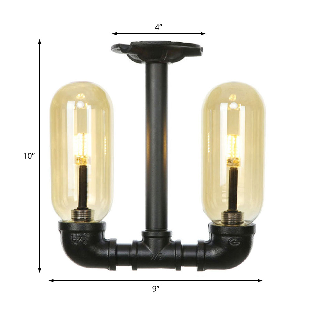 2-Bulb Ceiling Lighting Industrial Capsule Amber Glass Semi Flush Mount Light in Matte Black with Pipe Design Clearhalo 'Ceiling Lights' 'Close To Ceiling Lights' 'Close to ceiling' 'Semi-flushmount' Lighting' 199712