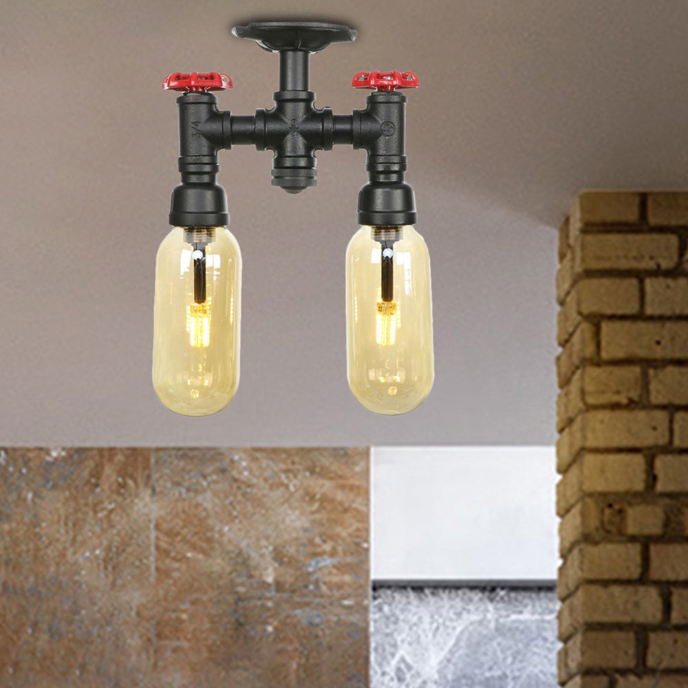 2-Bulb Ceiling Lighting Industrial Capsule Amber Glass Semi Flush Mount Light in Matte Black with Pipe Design Black C Clearhalo 'Ceiling Lights' 'Close To Ceiling Lights' 'Close to ceiling' 'Semi-flushmount' Lighting' 199713