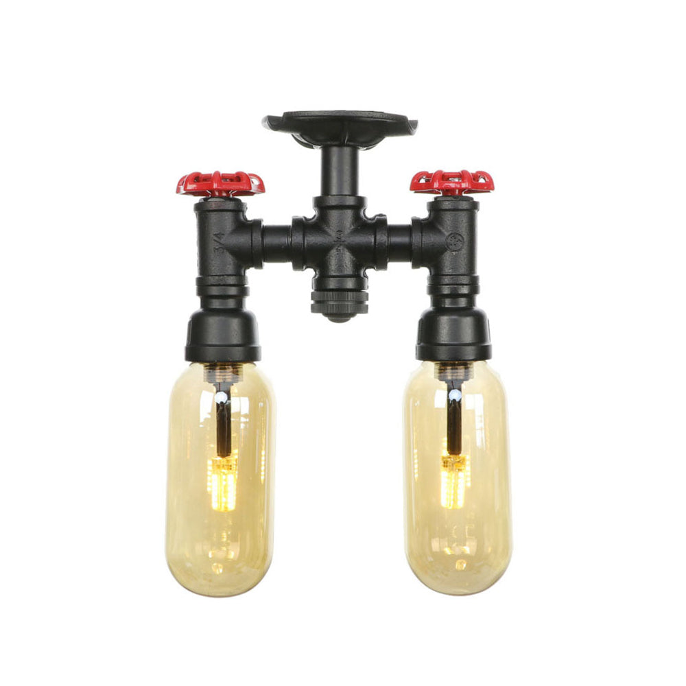 2-Bulb Ceiling Lighting Industrial Capsule Amber Glass Semi Flush Mount Light in Matte Black with Pipe Design Clearhalo 'Ceiling Lights' 'Close To Ceiling Lights' 'Close to ceiling' 'Semi-flushmount' Lighting' 199715