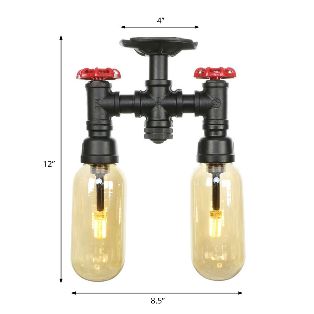 2-Bulb Ceiling Lighting Industrial Capsule Amber Glass Semi Flush Mount Light in Matte Black with Pipe Design Clearhalo 'Ceiling Lights' 'Close To Ceiling Lights' 'Close to ceiling' 'Semi-flushmount' Lighting' 199716