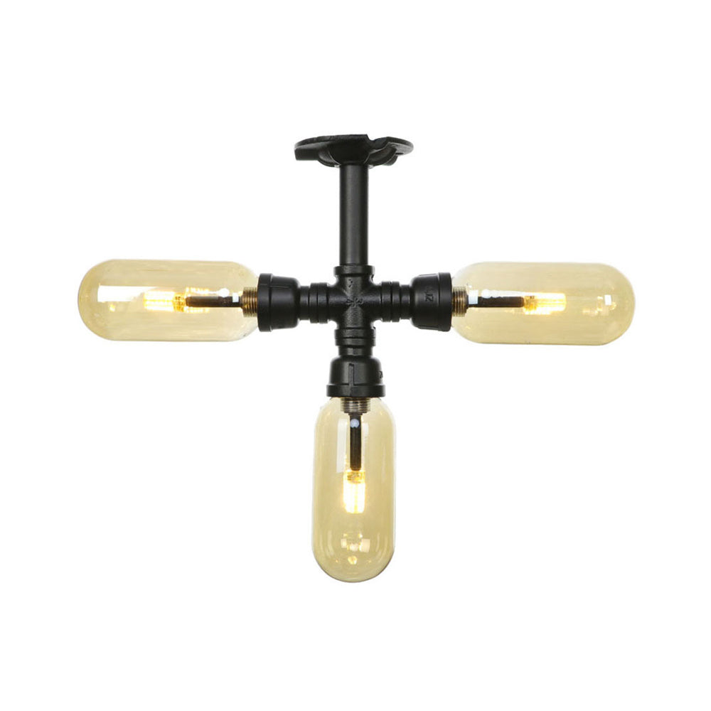 Matte Black Ceiling Lighting Vintage Amber Glass 3/4 Light Oval Shade Semi Flush Light with Pipe Design Clearhalo 'Ceiling Lights' 'Close To Ceiling Lights' 'Close to ceiling' 'Semi-flushmount' Lighting' 199818