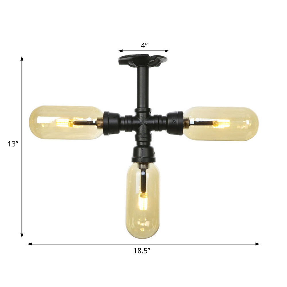 Matte Black Ceiling Lighting Vintage Amber Glass 3/4 Light Oval Shade Semi Flush Light with Pipe Design Clearhalo 'Ceiling Lights' 'Close To Ceiling Lights' 'Close to ceiling' 'Semi-flushmount' Lighting' 199819