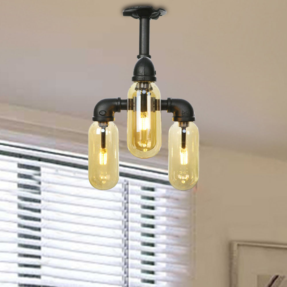 Matte Black Ceiling Lighting Vintage Amber Glass 3/4 Light Oval Shade Semi Flush Light with Pipe Design Clearhalo 'Ceiling Lights' 'Close To Ceiling Lights' 'Close to ceiling' 'Semi-flushmount' Lighting' 199820