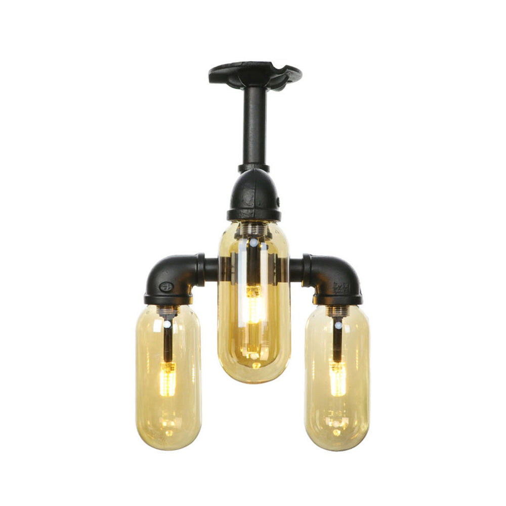 Matte Black Ceiling Lighting Vintage Amber Glass 3/4 Light Oval Shade Semi Flush Light with Pipe Design Clearhalo 'Ceiling Lights' 'Close To Ceiling Lights' 'Close to ceiling' 'Semi-flushmount' Lighting' 199822