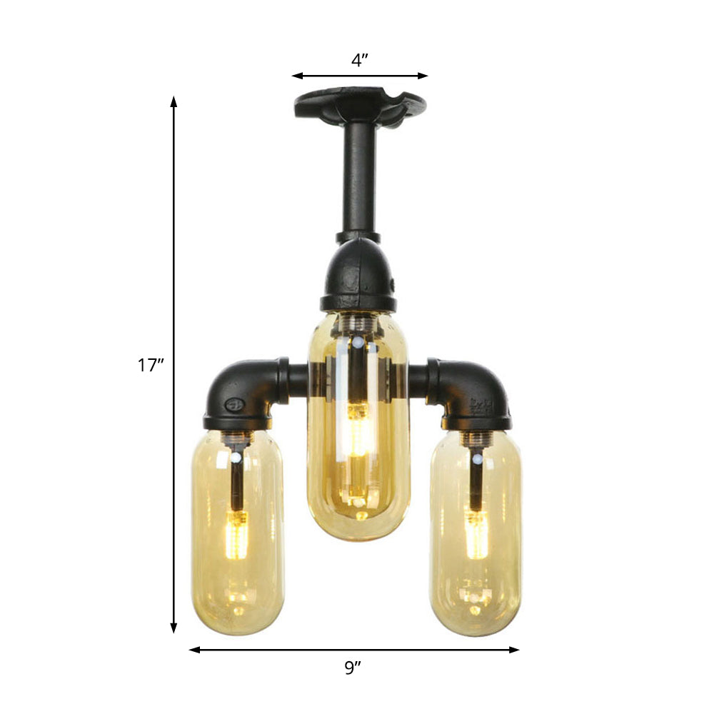 Matte Black Ceiling Lighting Vintage Amber Glass 3/4 Light Oval Shade Semi Flush Light with Pipe Design Clearhalo 'Ceiling Lights' 'Close To Ceiling Lights' 'Close to ceiling' 'Semi-flushmount' Lighting' 199823