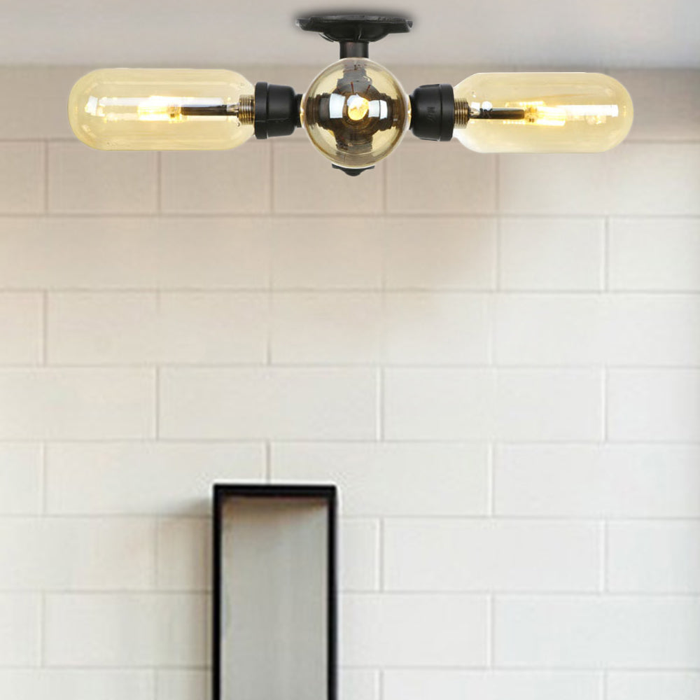 Matte Black Ceiling Lighting Vintage Amber Glass 3/4 Light Oval Shade Semi Flush Light with Pipe Design Black B Clearhalo 'Ceiling Lights' 'Close To Ceiling Lights' 'Close to ceiling' 'Semi-flushmount' Lighting' 199824