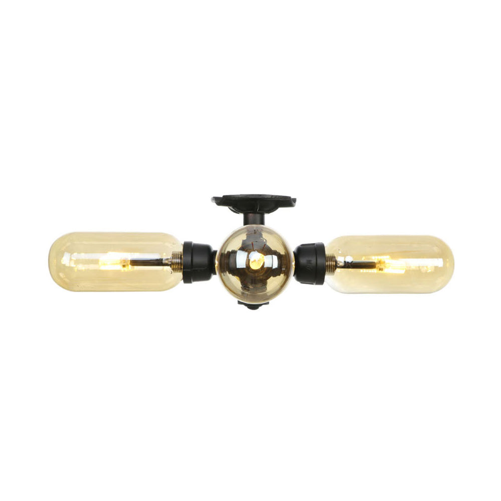 Matte Black Ceiling Lighting Vintage Amber Glass 3/4 Light Oval Shade Semi Flush Light with Pipe Design Clearhalo 'Ceiling Lights' 'Close To Ceiling Lights' 'Close to ceiling' 'Semi-flushmount' Lighting' 199826