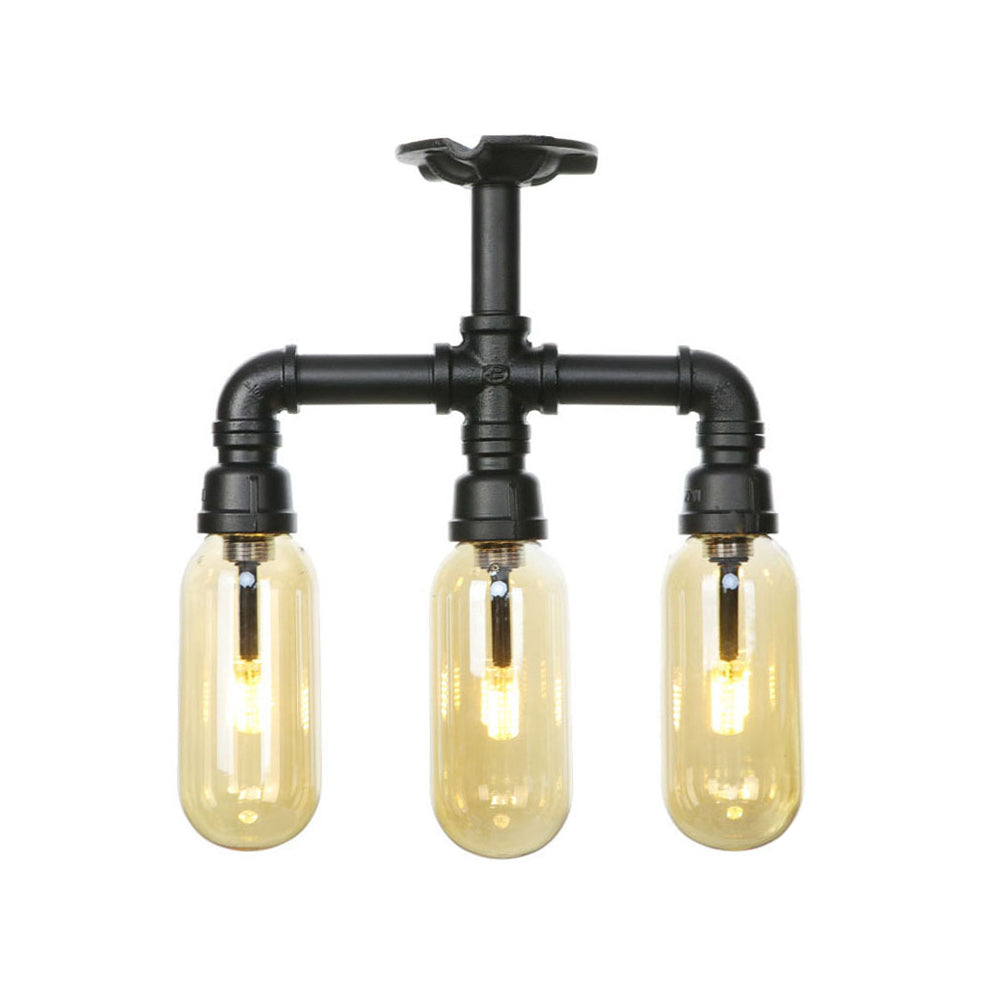 Matte Black Ceiling Lighting Vintage Amber Glass 3/4 Light Oval Shade Semi Flush Light with Pipe Design Clearhalo 'Ceiling Lights' 'Close To Ceiling Lights' 'Close to ceiling' 'Semi-flushmount' Lighting' 199830