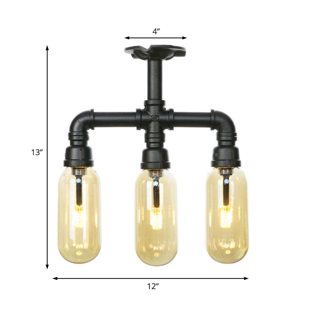 Matte Black Ceiling Lighting Vintage Amber Glass 3/4 Light Oval Shade Semi Flush Light with Pipe Design Clearhalo 'Ceiling Lights' 'Close To Ceiling Lights' 'Close to ceiling' 'Semi-flushmount' Lighting' 199831