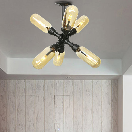 Amber Glass Ceiling Light Fixture Capsule Shade 4/5/6 Light Rustic Kitchen Semi Flush in Matte Black with Pipe Design Clearhalo 'Ceiling Lights' 'Close To Ceiling Lights' 'Close to ceiling' 'Semi-flushmount' Lighting' 199880