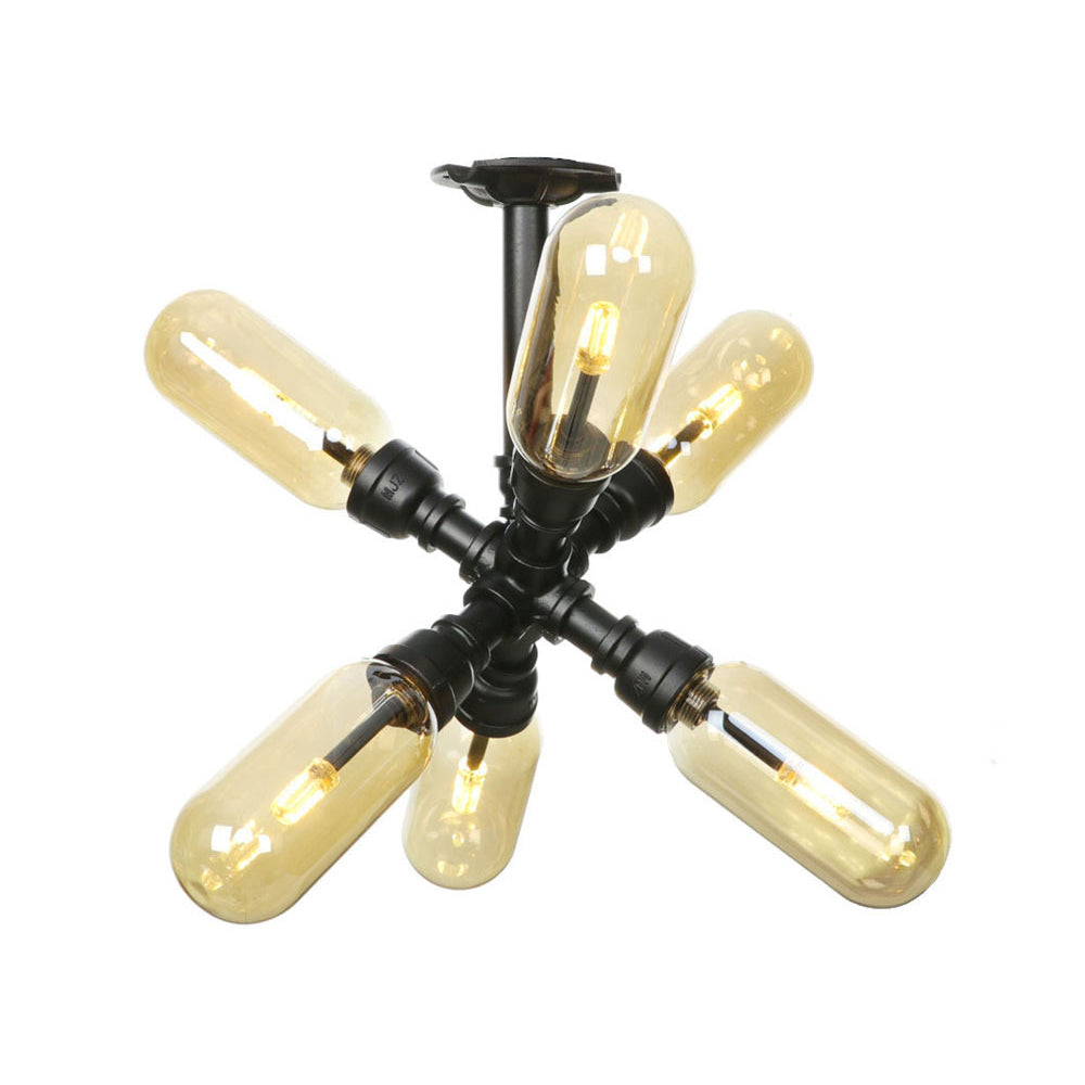 Amber Glass Ceiling Light Fixture Capsule Shade 4/5/6 Light Rustic Kitchen Semi Flush in Matte Black with Pipe Design Clearhalo 'Ceiling Lights' 'Close To Ceiling Lights' 'Close to ceiling' 'Semi-flushmount' Lighting' 199882