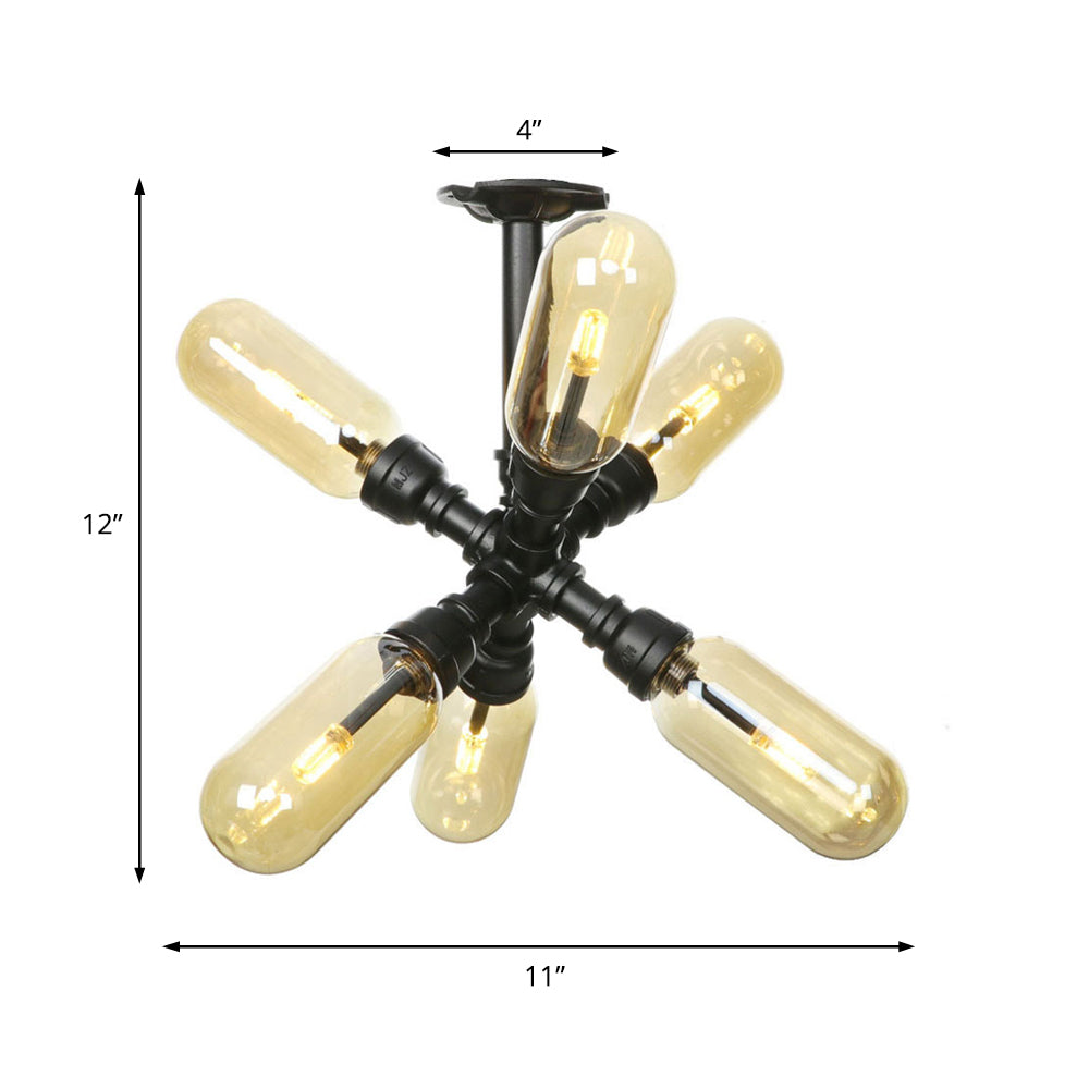 Amber Glass Ceiling Light Fixture Capsule Shade 4/5/6 Light Rustic Kitchen Semi Flush in Matte Black with Pipe Design Clearhalo 'Ceiling Lights' 'Close To Ceiling Lights' 'Close to ceiling' 'Semi-flushmount' Lighting' 199883