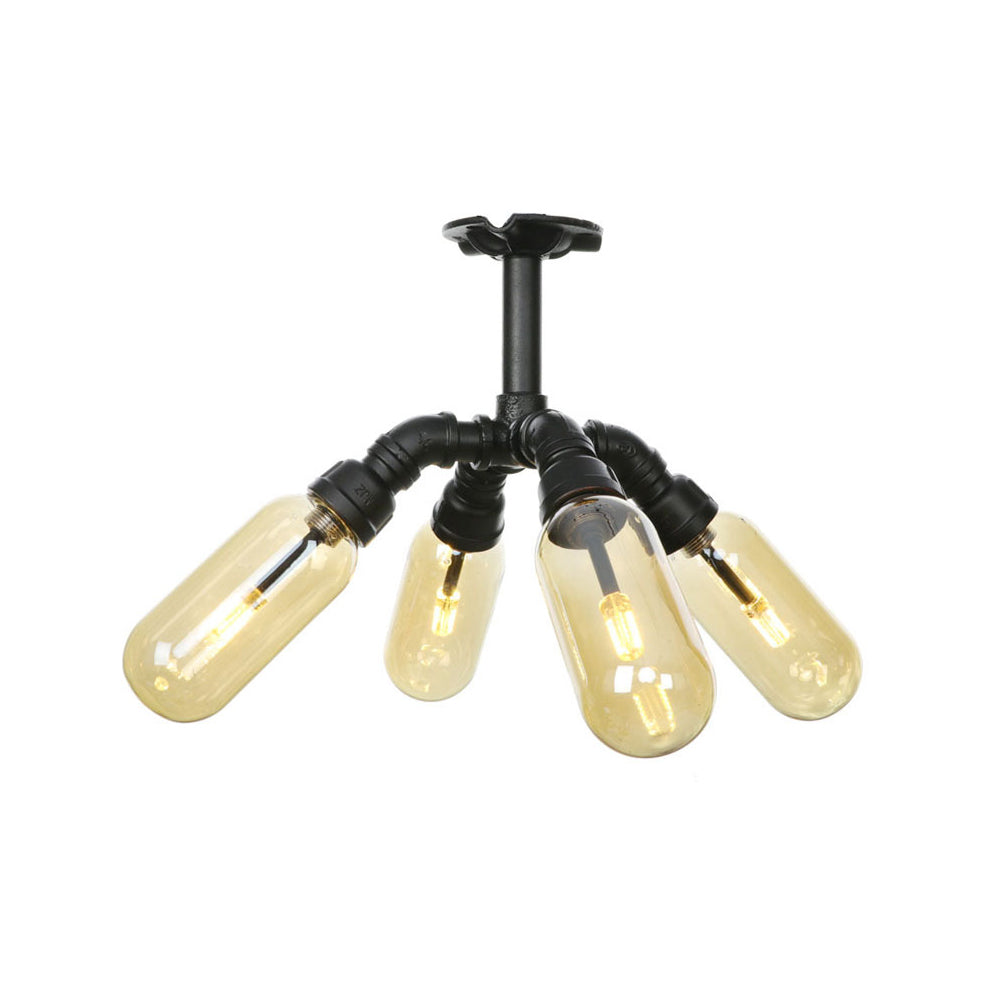 Amber Glass Ceiling Light Fixture Capsule Shade 4/5/6 Light Rustic Kitchen Semi Flush in Matte Black with Pipe Design Clearhalo 'Ceiling Lights' 'Close To Ceiling Lights' 'Close to ceiling' 'Semi-flushmount' Lighting' 199886