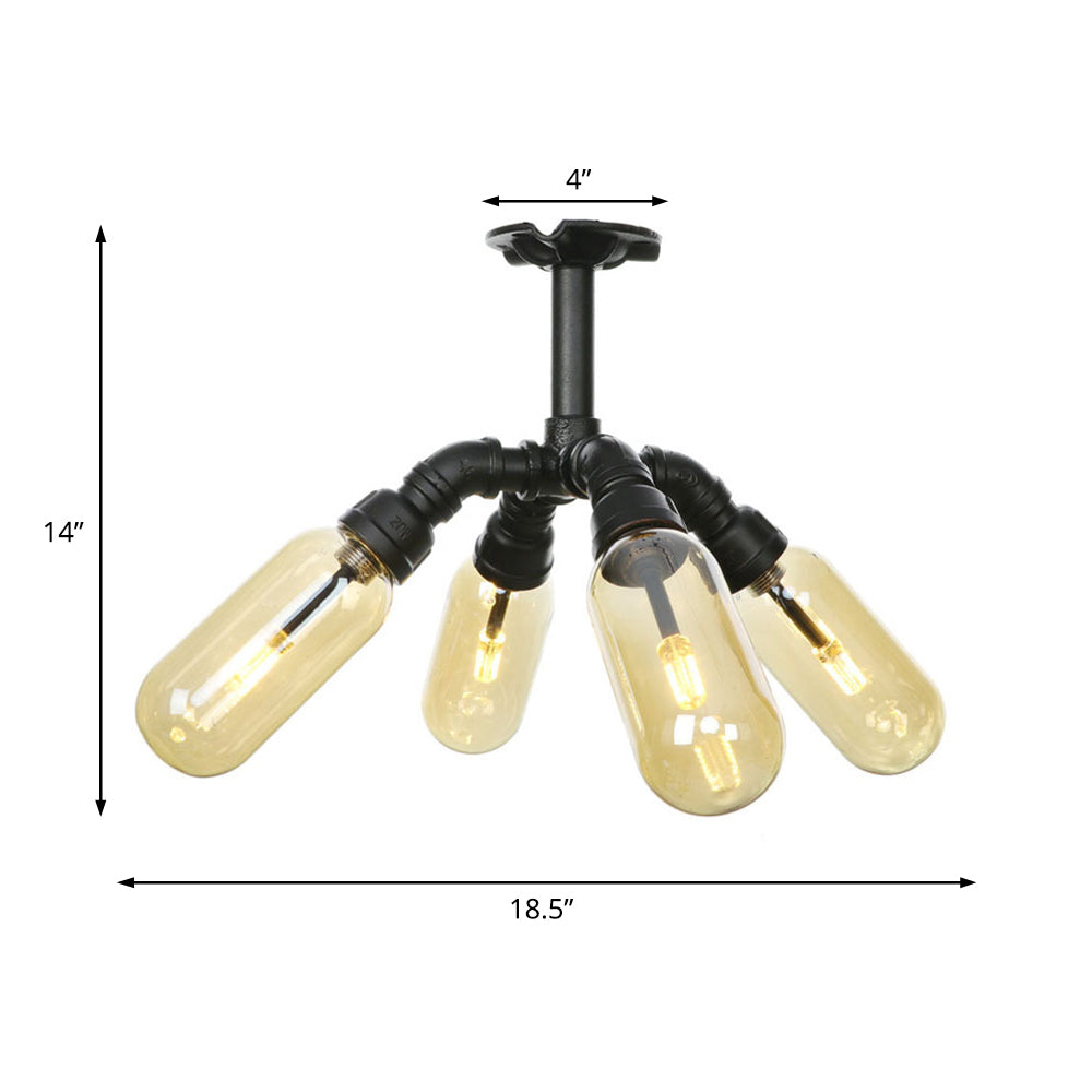 Amber Glass Ceiling Light Fixture Capsule Shade 4/5/6 Light Rustic Kitchen Semi Flush in Matte Black with Pipe Design Clearhalo 'Ceiling Lights' 'Close To Ceiling Lights' 'Close to ceiling' 'Semi-flushmount' Lighting' 199887