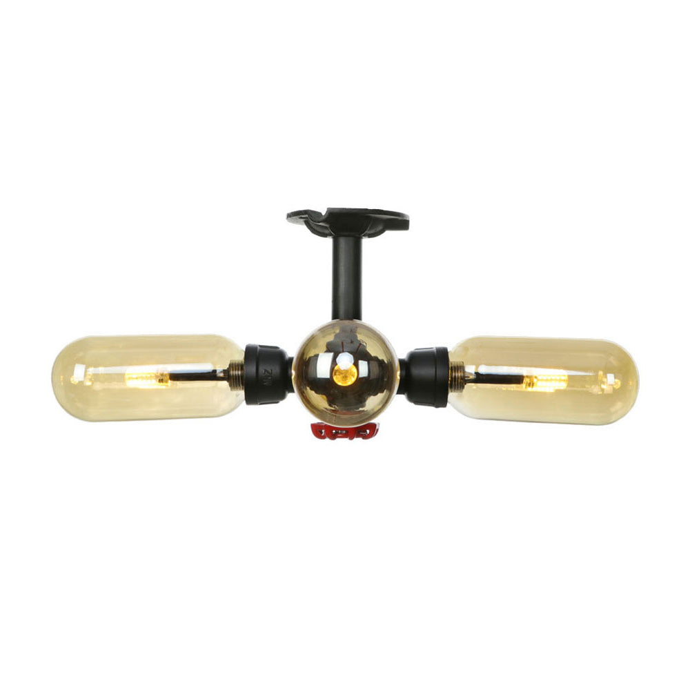 Amber Glass Ceiling Light Fixture Capsule Shade 4/5/6 Light Rustic Kitchen Semi Flush in Matte Black with Pipe Design Clearhalo 'Ceiling Lights' 'Close To Ceiling Lights' 'Close to ceiling' 'Semi-flushmount' Lighting' 199890