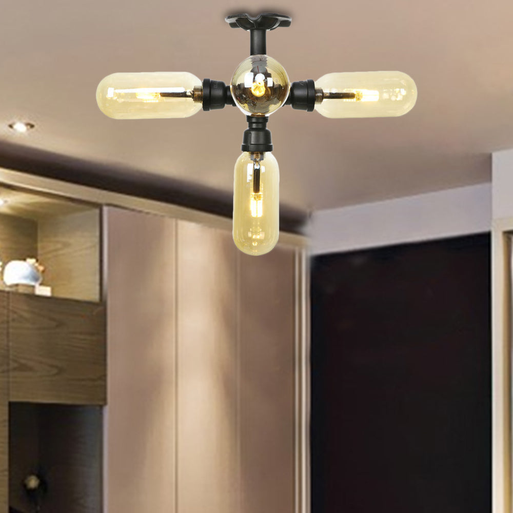 Amber Glass Ceiling Light Fixture Capsule Shade 4/5/6 Light Rustic Kitchen Semi Flush in Matte Black with Pipe Design Clearhalo 'Ceiling Lights' 'Close To Ceiling Lights' 'Close to ceiling' 'Semi-flushmount' Lighting' 199892