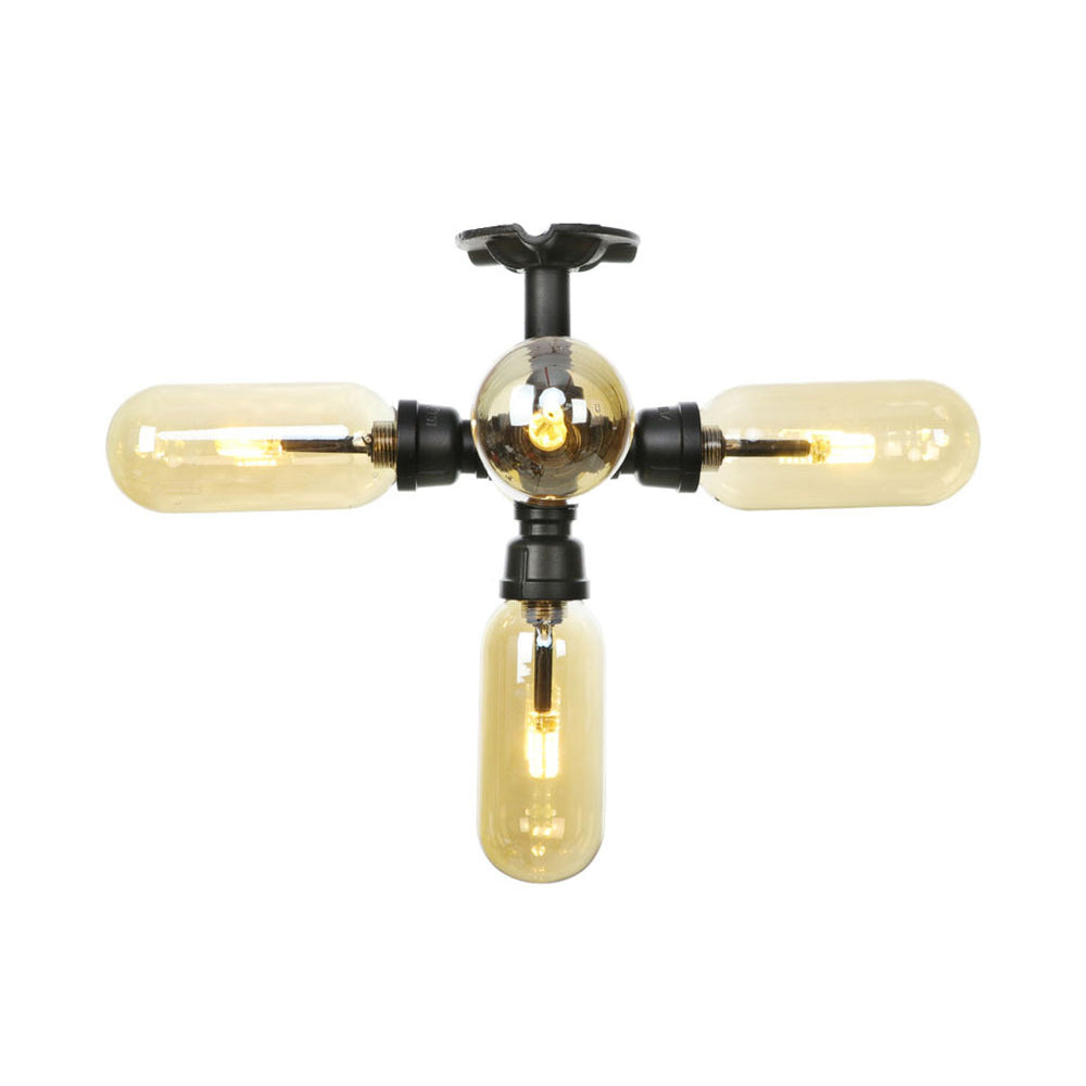 Amber Glass Ceiling Light Fixture Capsule Shade 4/5/6 Light Rustic Kitchen Semi Flush in Matte Black with Pipe Design Clearhalo 'Ceiling Lights' 'Close To Ceiling Lights' 'Close to ceiling' 'Semi-flushmount' Lighting' 199894