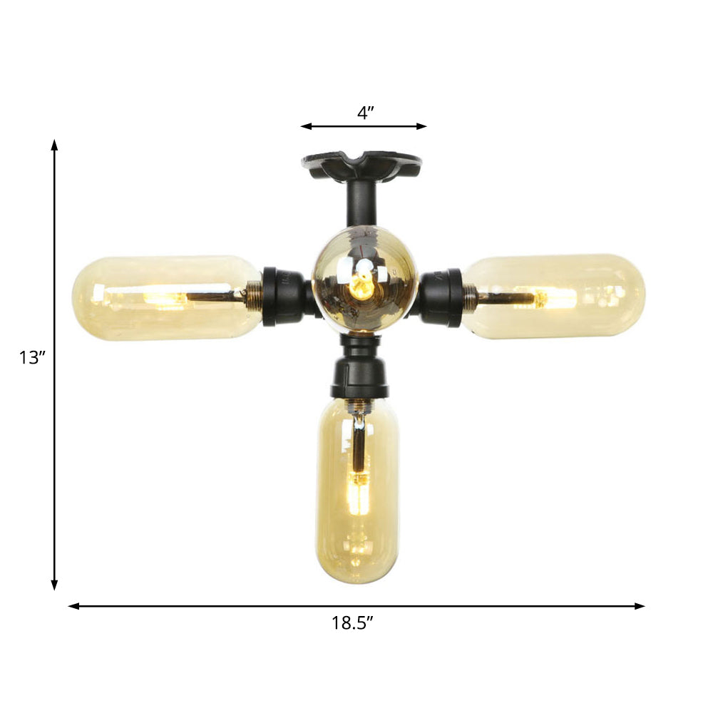 Amber Glass Ceiling Light Fixture Capsule Shade 4/5/6 Light Rustic Kitchen Semi Flush in Matte Black with Pipe Design Clearhalo 'Ceiling Lights' 'Close To Ceiling Lights' 'Close to ceiling' 'Semi-flushmount' Lighting' 199895