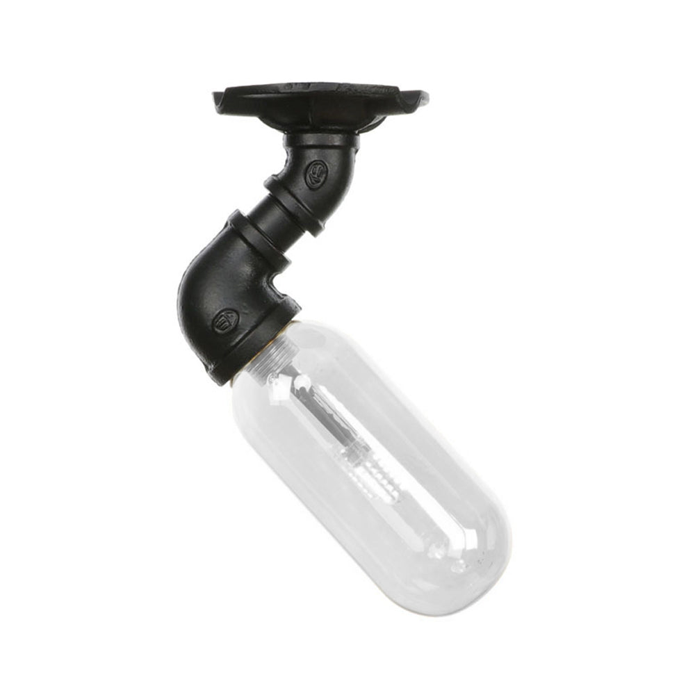 1 Light Ceiling Mounted Fixture Oval Shade Clear Glass Industrial Indoor Semi Flush Mount in Black with Pipe Design Clearhalo 'Ceiling Lights' 'Close To Ceiling Lights' 'Close to ceiling' 'Semi-flushmount' Lighting' 199914