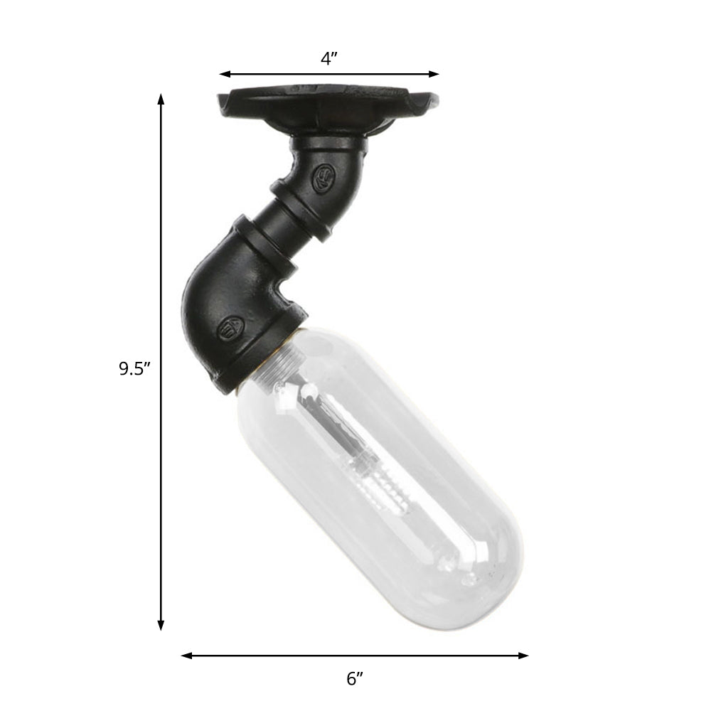 1 Light Ceiling Mounted Fixture Oval Shade Clear Glass Industrial Indoor Semi Flush Mount in Black with Pipe Design Clearhalo 'Ceiling Lights' 'Close To Ceiling Lights' 'Close to ceiling' 'Semi-flushmount' Lighting' 199915