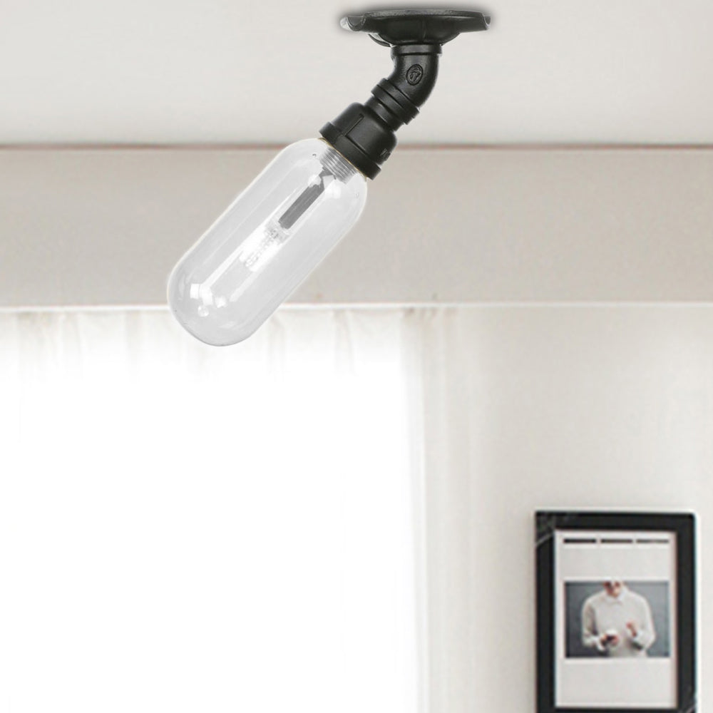 1 Light Ceiling Mounted Fixture Oval Shade Clear Glass Industrial Indoor Semi Flush Mount in Black with Pipe Design Black A Clearhalo 'Ceiling Lights' 'Close To Ceiling Lights' 'Close to ceiling' 'Semi-flushmount' Lighting' 199920