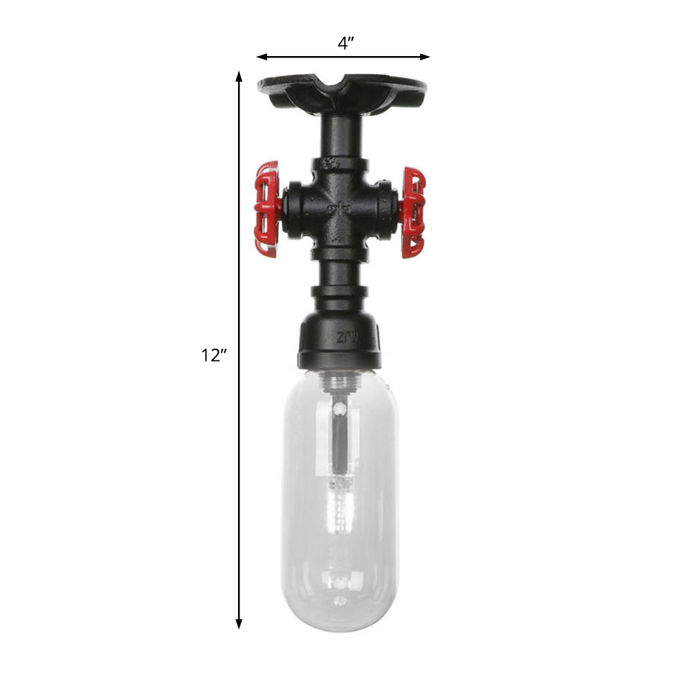 Capsule Corridor Semi Flush Light Industrial Clear Glass One Light Black Ceiling Lighting with Pipe Design Clearhalo 'Ceiling Lights' 'Close To Ceiling Lights' 'Close to ceiling' 'Semi-flushmount' Lighting' 199953