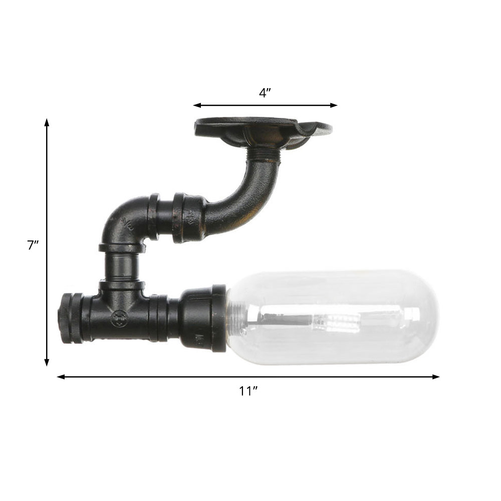 Capsule Corridor Semi Flush Light Industrial Clear Glass One Light Black Ceiling Lighting with Pipe Design Clearhalo 'Ceiling Lights' 'Close To Ceiling Lights' 'Close to ceiling' 'Semi-flushmount' Lighting' 199957