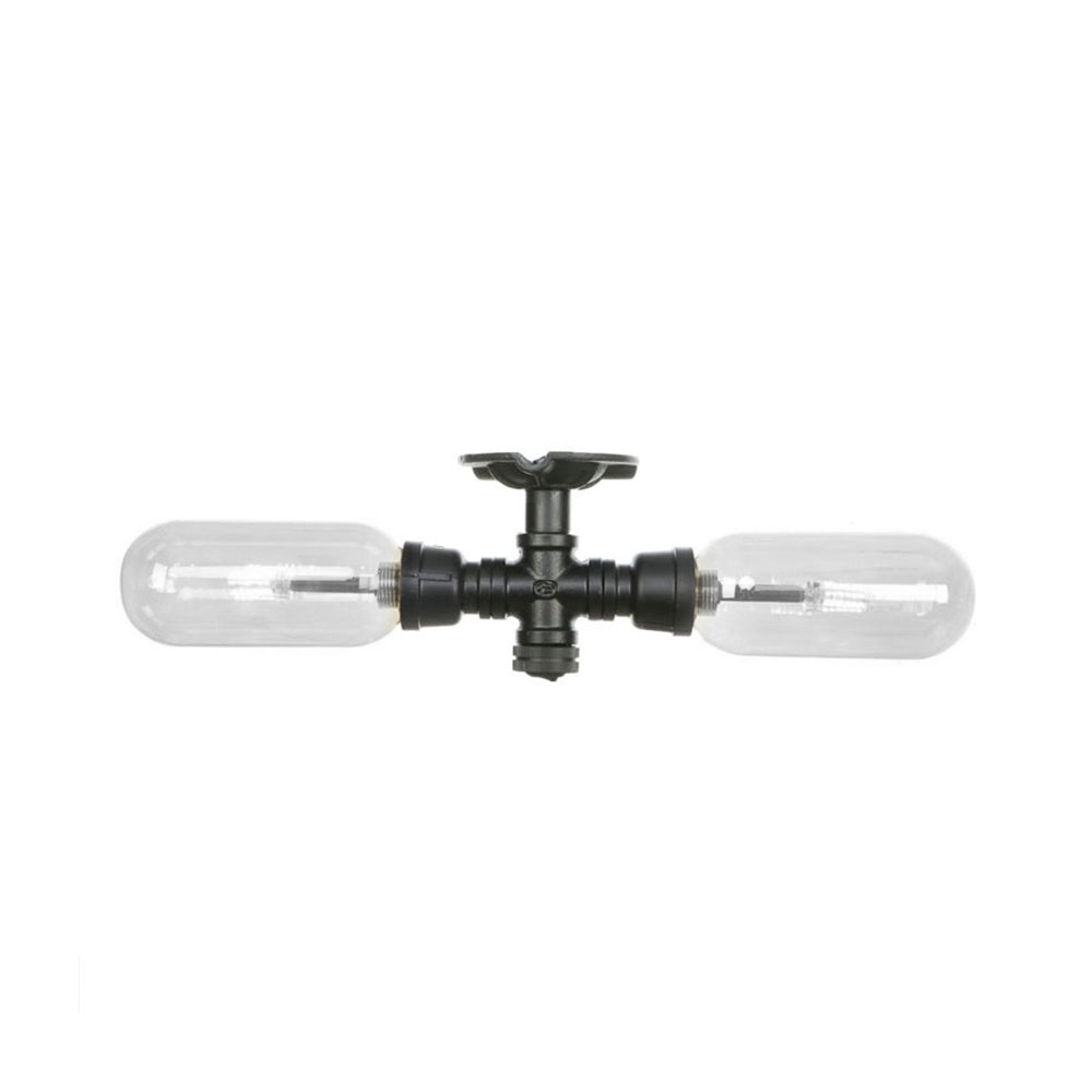 2-Light Clear Glass Semi Mount Lighting Vintage Matte Black Capsule Shade Indoor Ceiling Light with Pipe Design Clearhalo 'Ceiling Lights' 'Close To Ceiling Lights' 'Close to ceiling' 'Semi-flushmount' Lighting' 199979