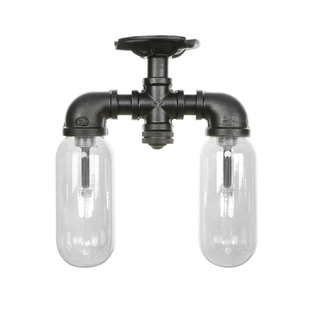 2-Light Clear Glass Semi Mount Lighting Vintage Matte Black Capsule Shade Indoor Ceiling Light with Pipe Design Clearhalo 'Ceiling Lights' 'Close To Ceiling Lights' 'Close to ceiling' 'Semi-flushmount' Lighting' 199987